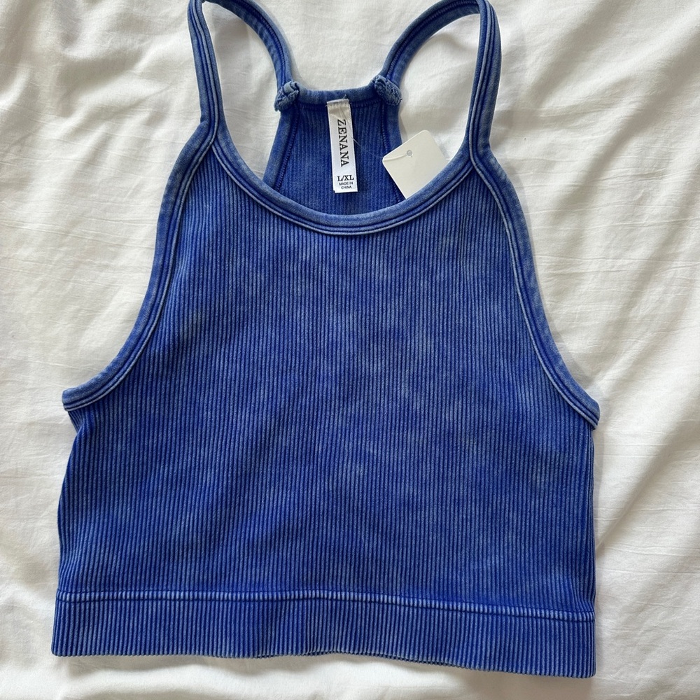 Zenana Outfitters Blue Ribbed Tank Top